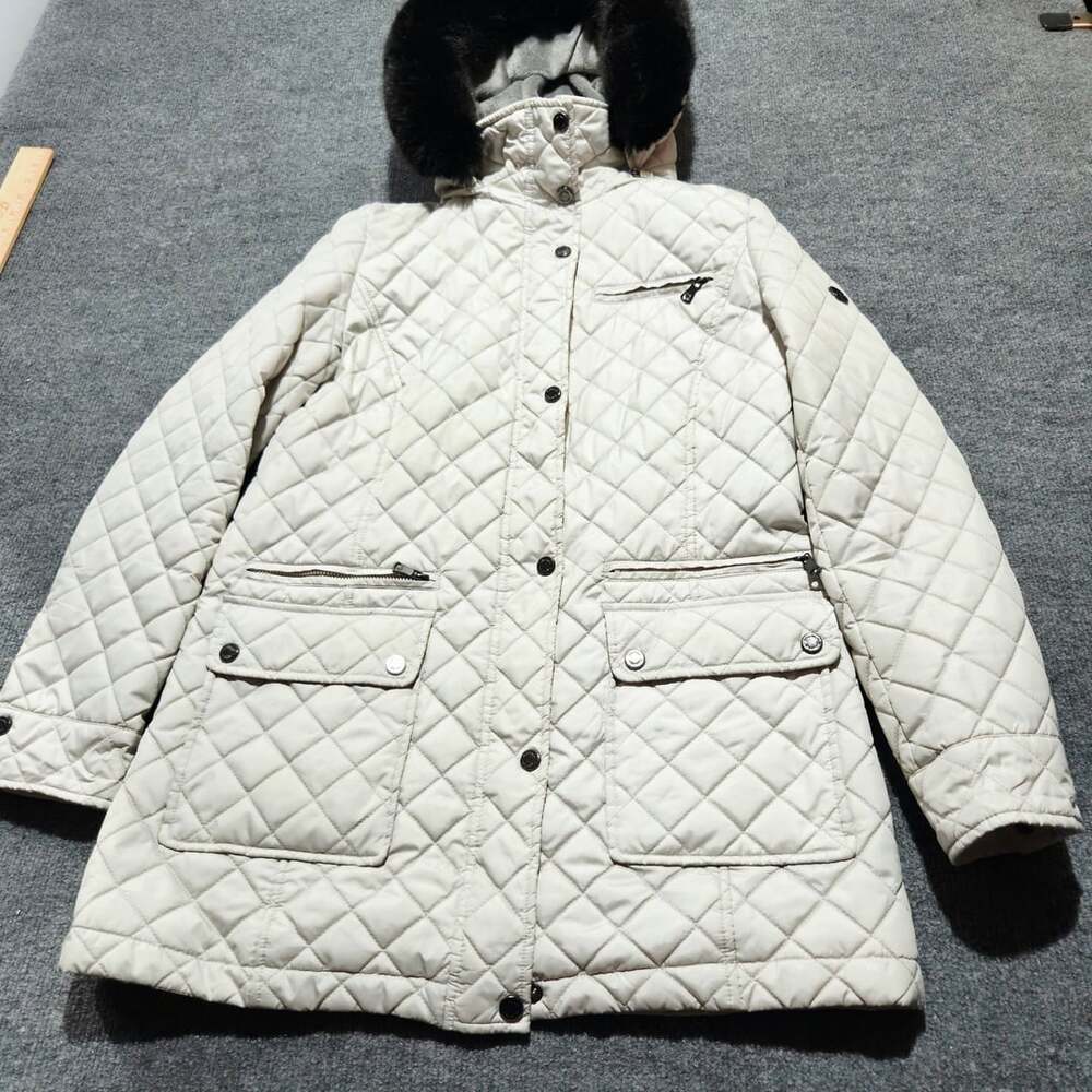 Calvin Klein Quilted Hooded Coat Size M Off White Faux Fur Trim Jacket